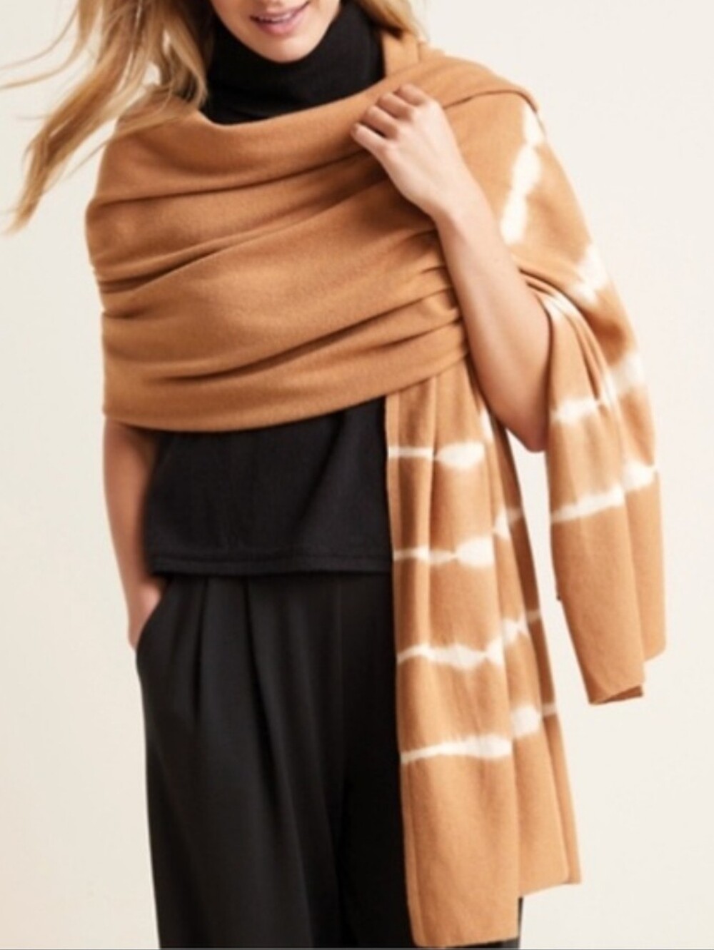 Garnet Hill Cashmere Wrap Tie Dye Camel Tan White Shibori